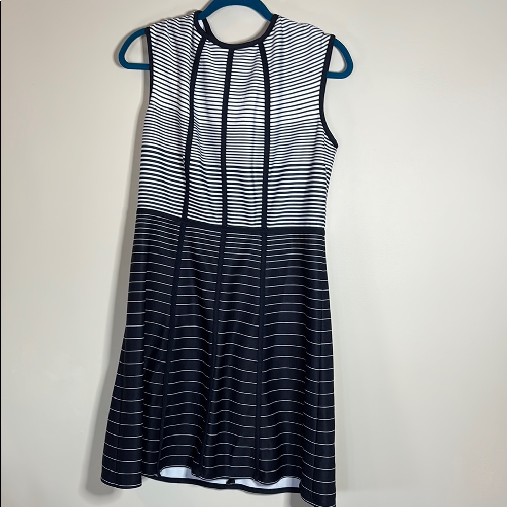Sandra Darren White and Blue A-Line Midi Dress